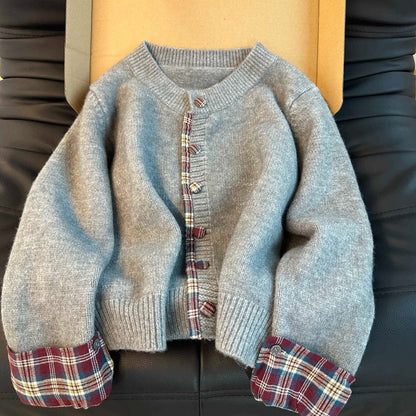 Damen Strickjacke Karomuster Mit Knöpfen Beige
