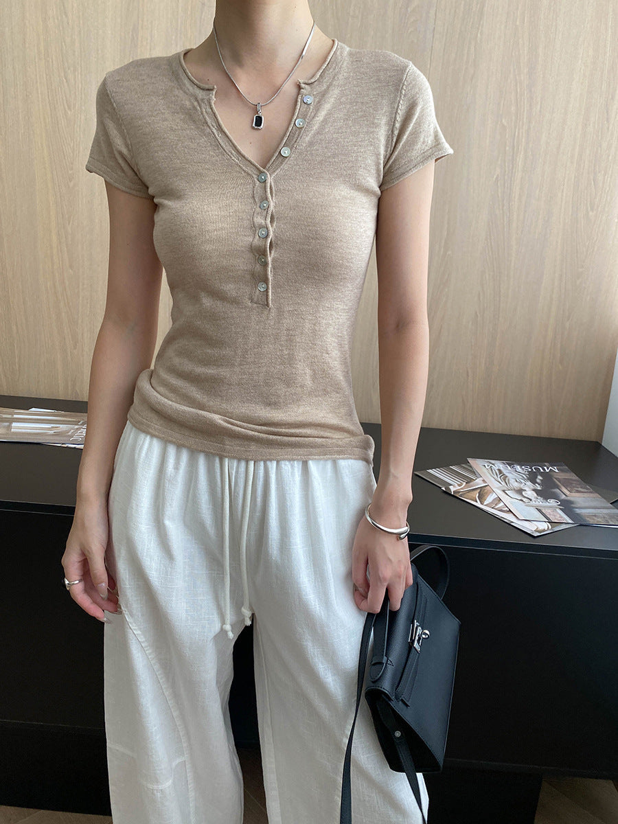 Damen Henley-Shirt Kurzarm Figurbetont Knopfleiste Eveloria