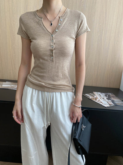 Damen Henley-Shirt Kurzarm Figurbetont Knopfleiste Eveloria