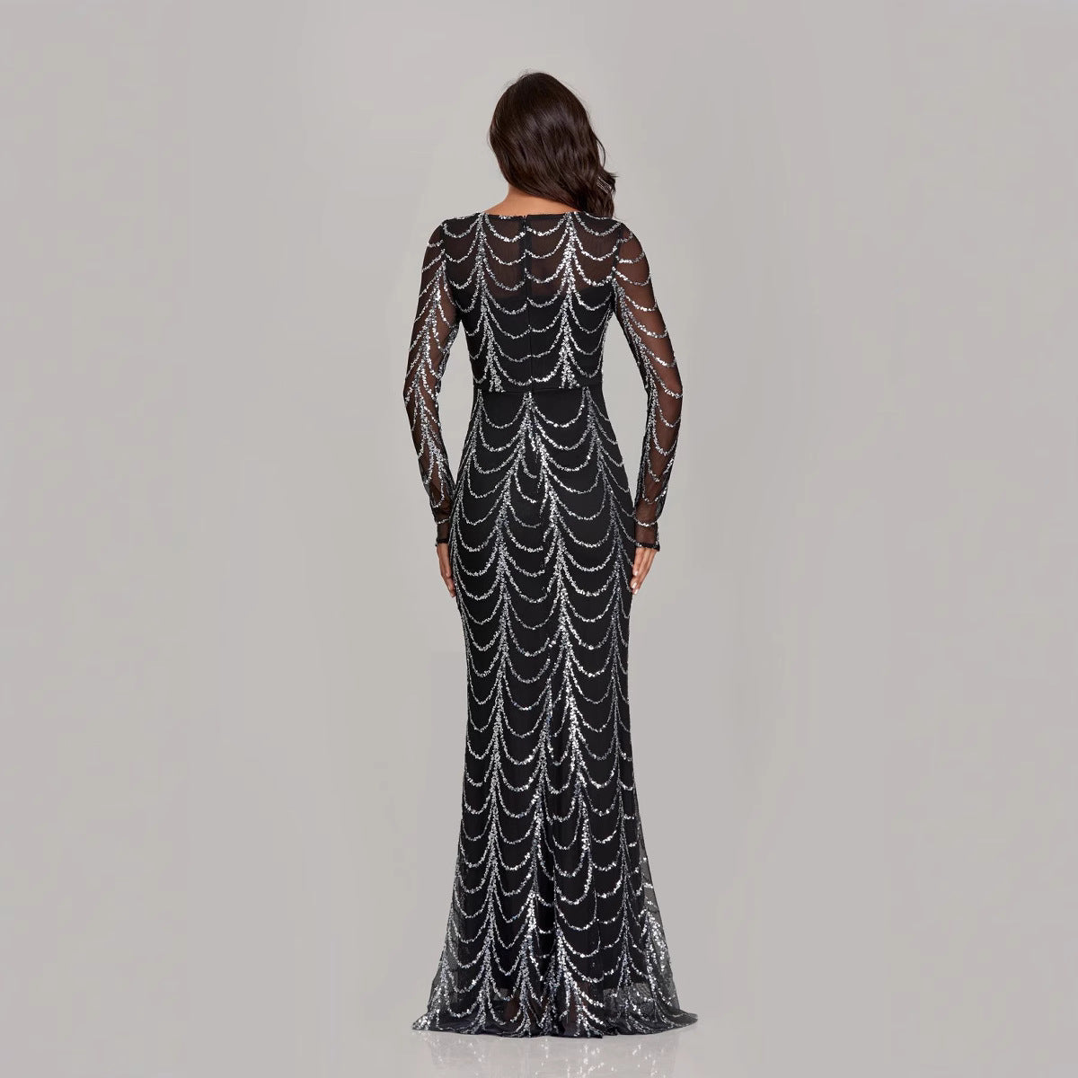 Damen Abendkleid Figurbetont Pailletten Ärmel Durchsichtig