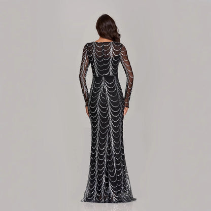 Damen Abendkleid Figurbetont Pailletten Ärmel Durchsichtig