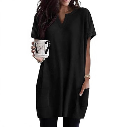 Damen Tunika-Kleid V-Ausschnitt Taschen Eveloria