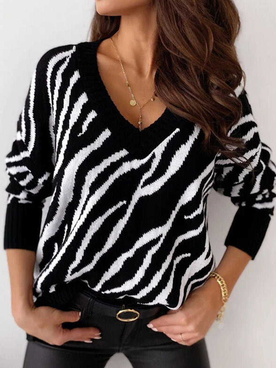 Damen Strickpullover Zebra-Muster V-Ausschnitt Eveloria