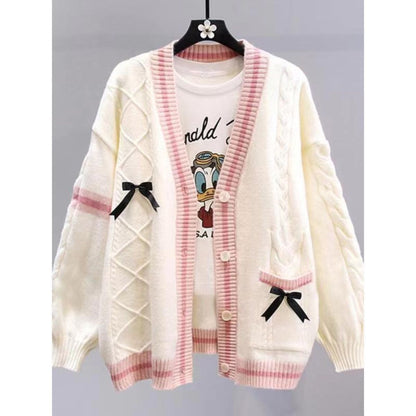 Damen Strickcardigan Zopfmuster Dekorative Schleifen Beige