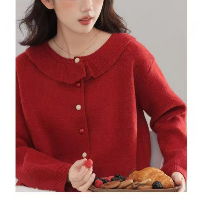 Damen Strickpullover Romantischer Rüschenkragen Feine Knöpfe