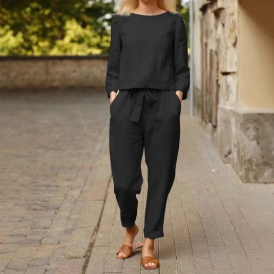 Damen Leinen-Set Zweiteilig mit Oberteil und Hose Beige