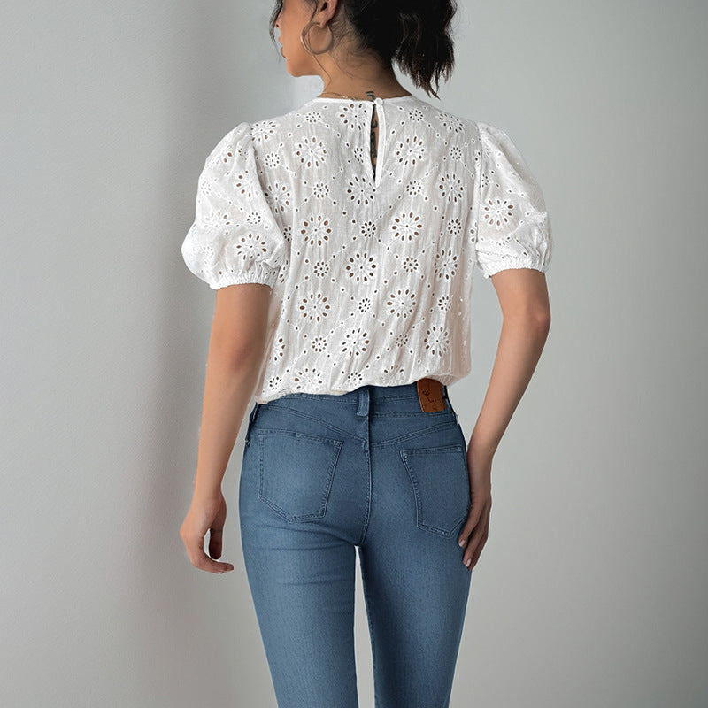 Damen Bluse Puffärmel Blumenmuster Kordelzug