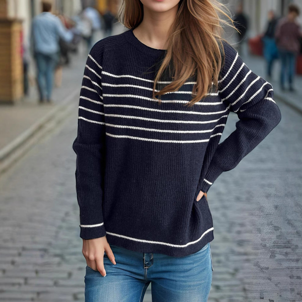 Damen Pullover Maritimes Streifenmuster Weich Eveloria