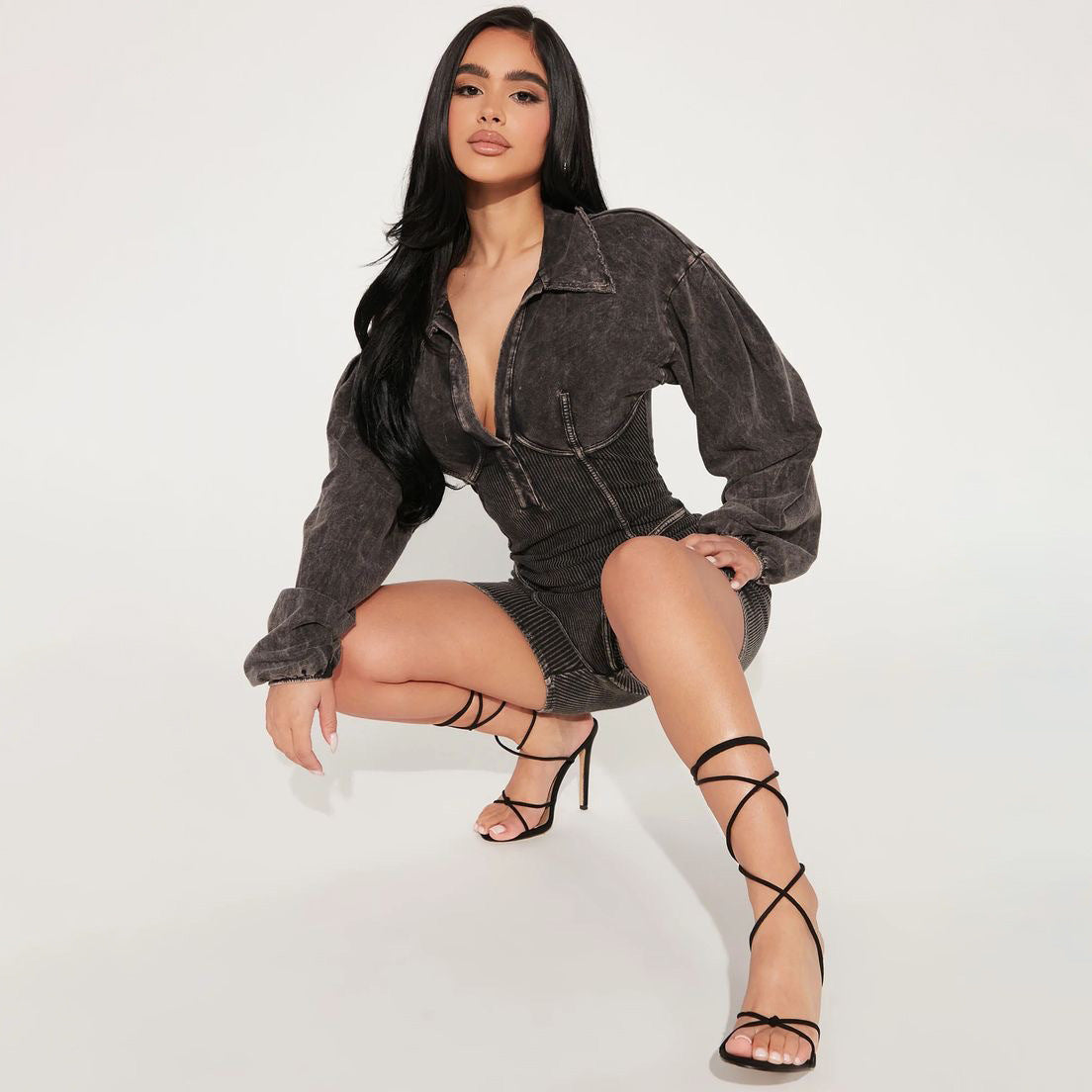 Damen Jumpsuit Puffärmel Rippstruktur Eveloria