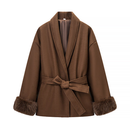 Damen Modische Jacke Weichgefütterter Kragen Bindegürtel