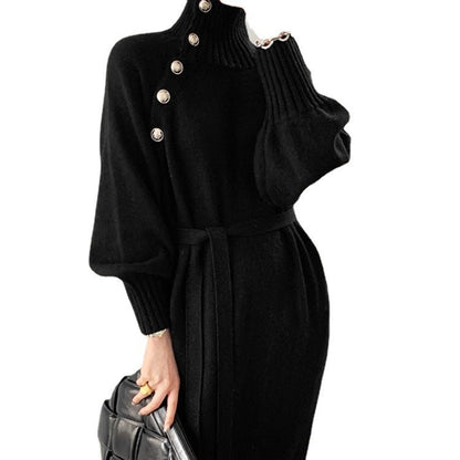 Damen Strickkleid mit Knöpfen und Taillengürtel