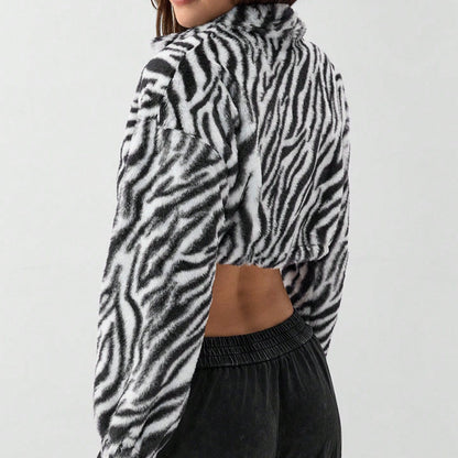 Damen Fleecejacke Cropped Zebra-Design Elastisch