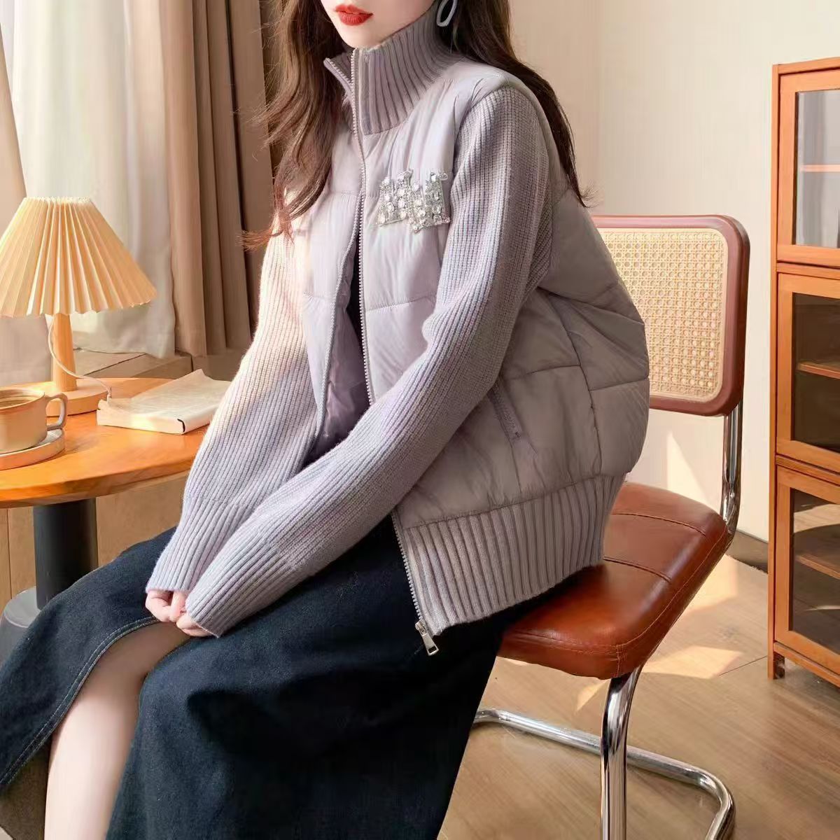 Damen Steppweste Strickärmel Elegant Eveloria