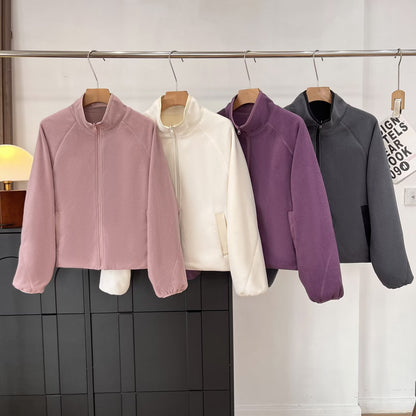 Damen Fleecejacke Hochkragen Eingrifftaschen Kuschelig Schwarz - Eveloria
