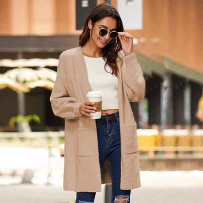 Damen Grobstrick Cardigan mit Taschen und weiten Ärmeln Beige