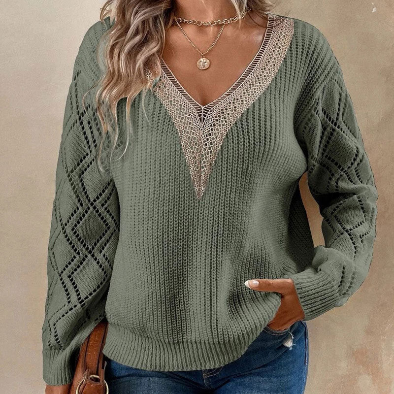 Damen Strickpullover V-Ausschnitt Eingrifftaschen Eveloria