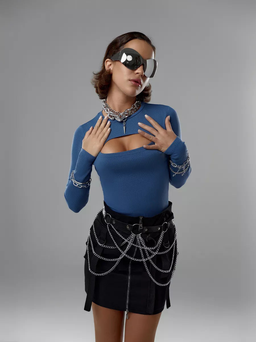 Damen Langarmshirt Feine Rippstruktur Kreativer Ausschnitt