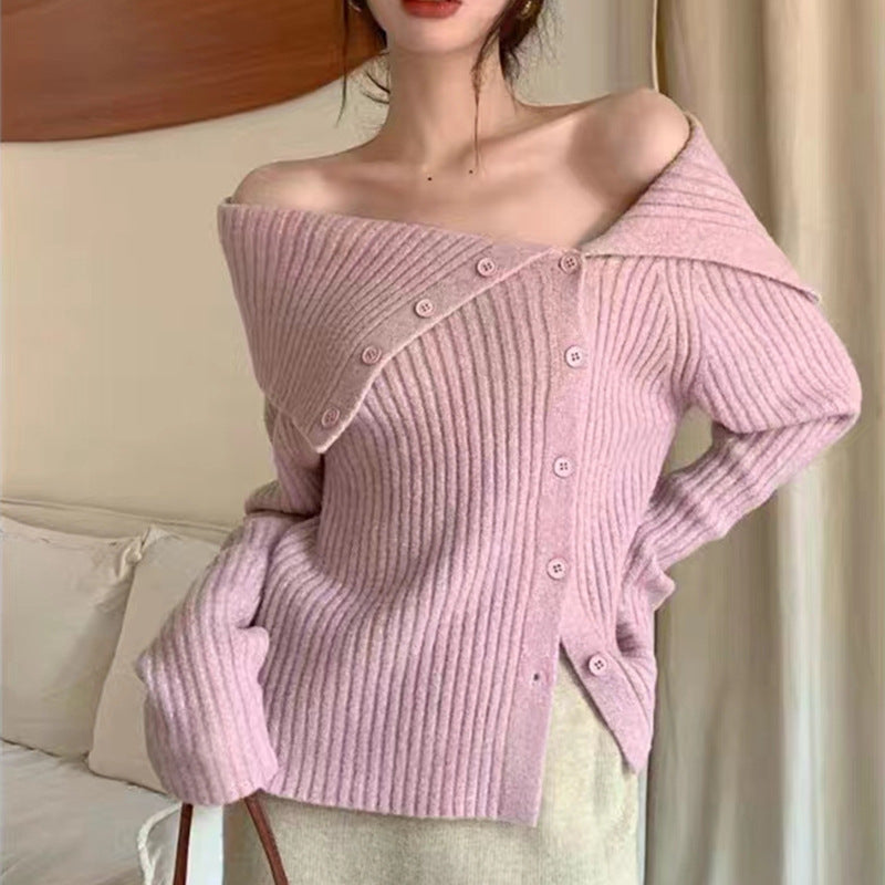Damen Strickcardigan Feinripp mit Modikragen Anthrazit - Eveloria