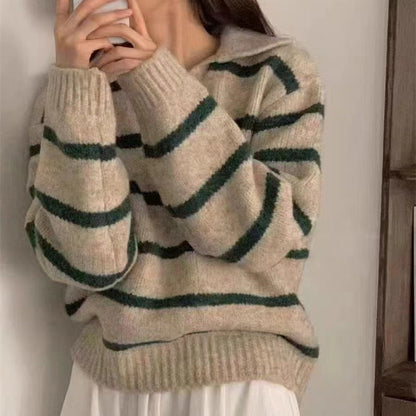 Damen Pullover Streifenmuster Kragen Elegantes Design