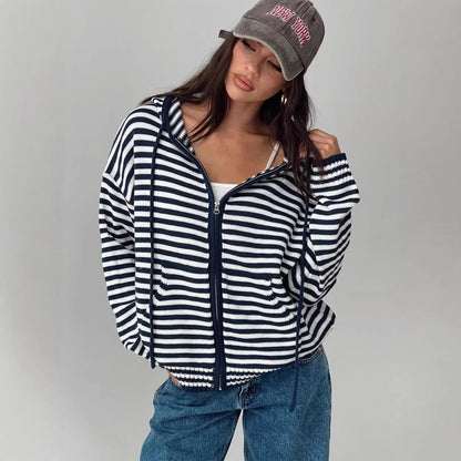 Damen Cardigan Gestreift Hochwertiger Reißverschluss Lässig Schwarz - Eveloria