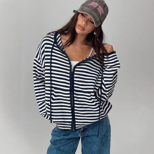 Damen Cardigan Gestreift Hochwertiger Reißverschluss Lässig Schwarz - Eveloria