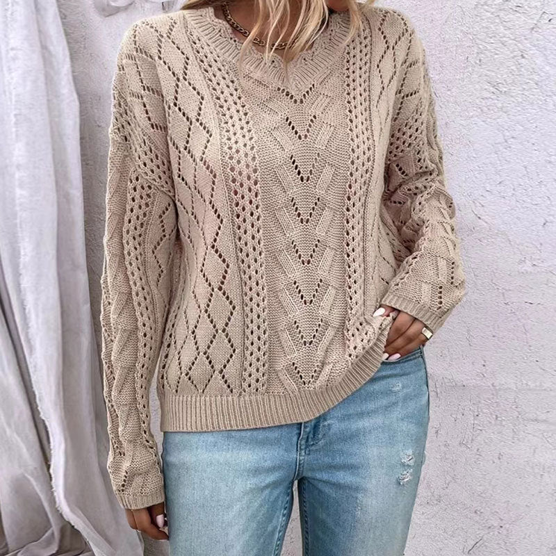 Damen Strickpullover V-Ausschnitt Raffinierte Netzstruktur