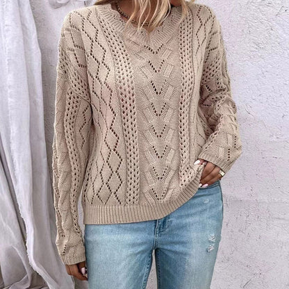 Damen Strickpullover V-Ausschnitt Raffinierte Netzstruktur