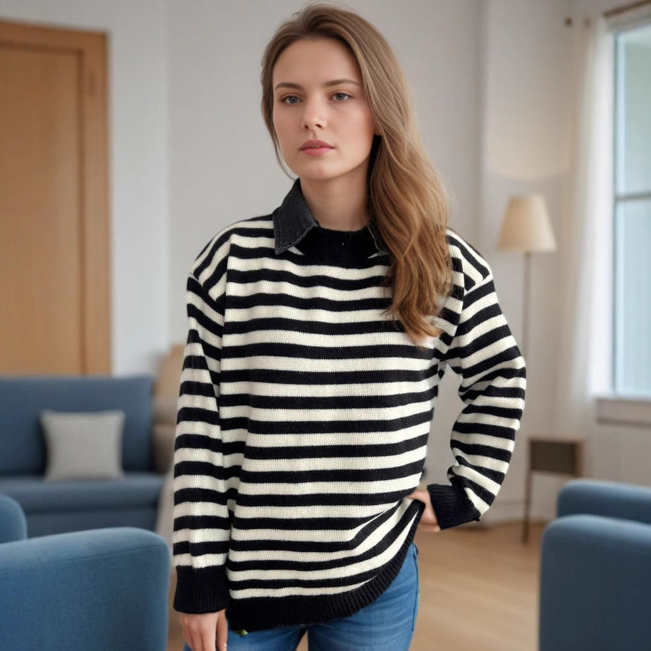 Damen Oversized Pullover Streifenmuster Lässig Beige - Eveloria