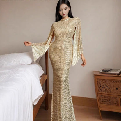 Damen Abendkleid Pailletten Schwingärmel Eveloria