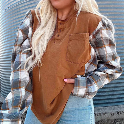 Damen Langarmshirt Karierte Ärmel Eveloria