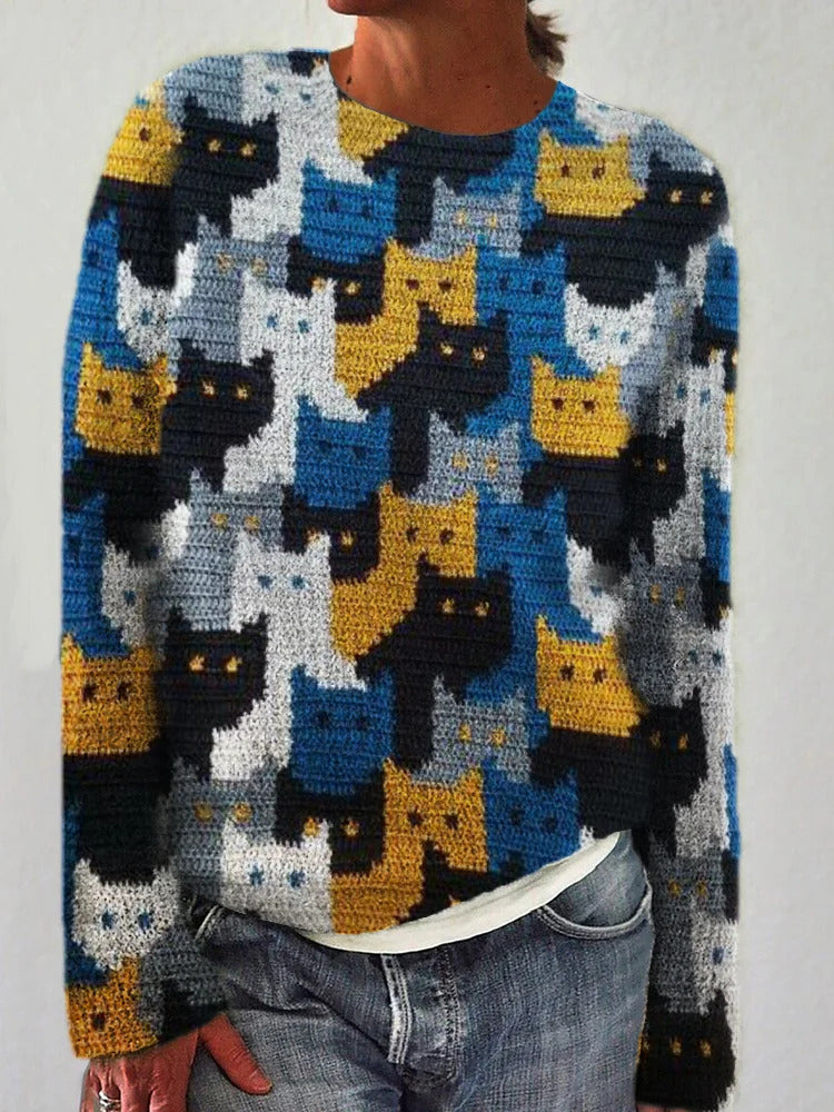 Damen Strickpullover Katzenmuster Eveloria