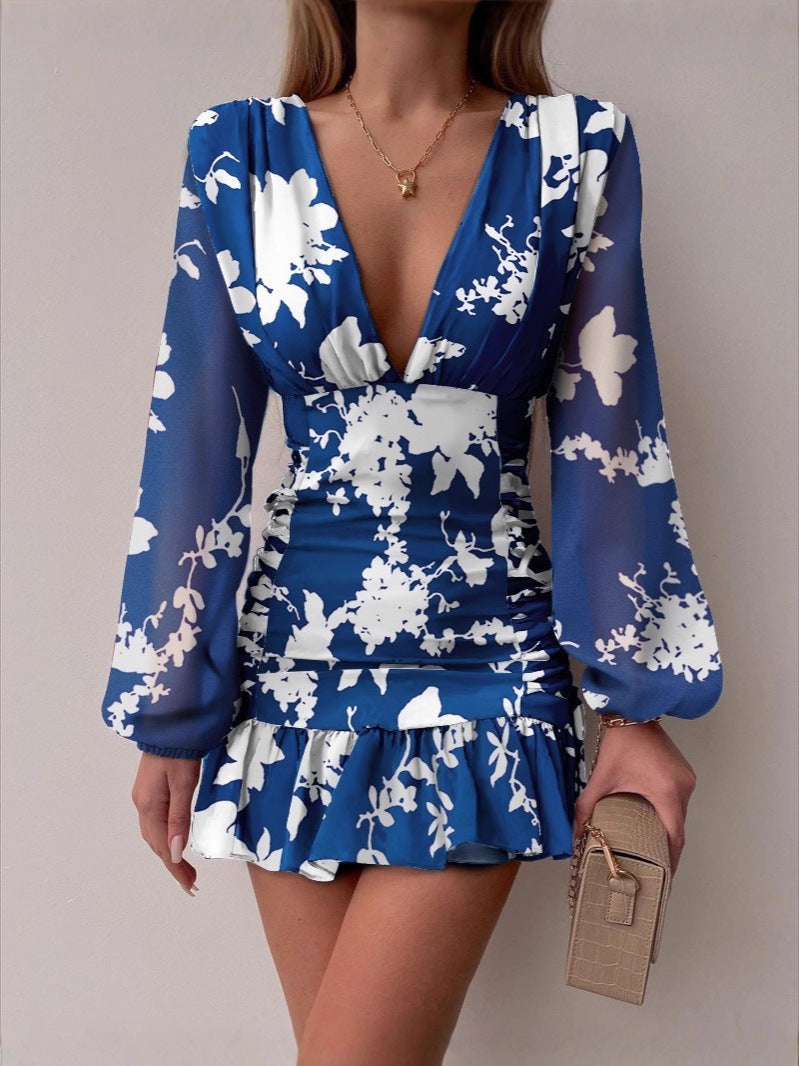 Damen Cocktailkleid V-Ausschnitt Puffärmel Eveloria