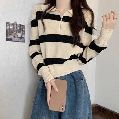 Damen Strickpullover Streifenmuster Reißverschluss