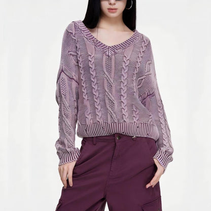 Damen Grobstrickpullover V-Ausschnitt Zopfmuster Eveloria