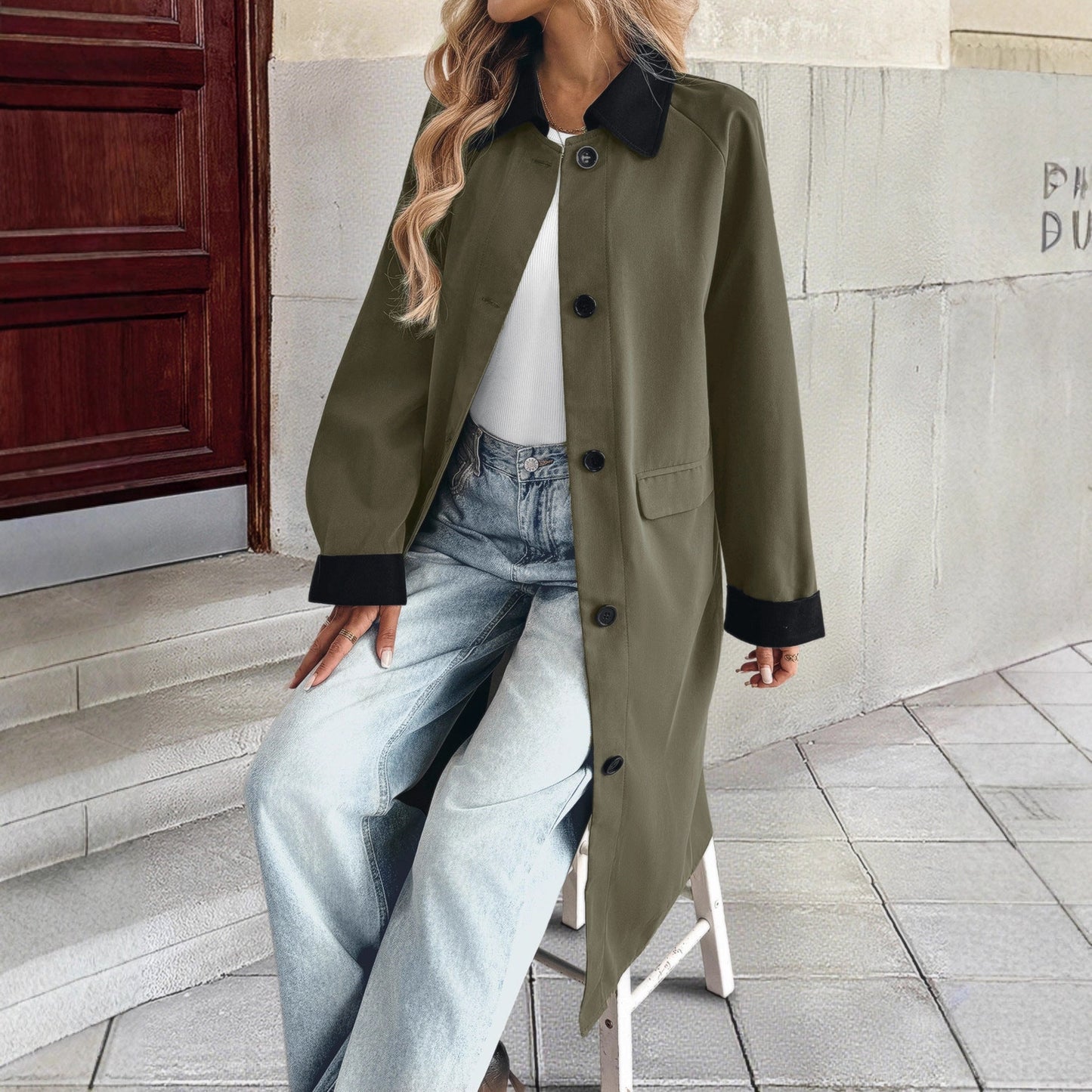 Damen Übergangsjacke Lang mit dekorativem Kragen und Taschen