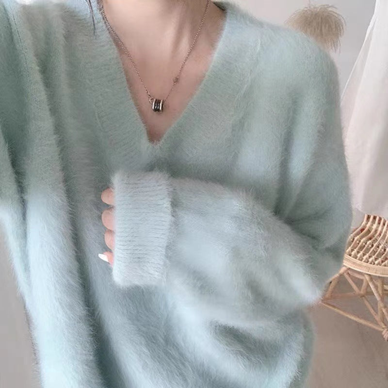 Damen Pullover V-Ausschnitt Mohair Flausch Schwarz Eveloria - Eveloria