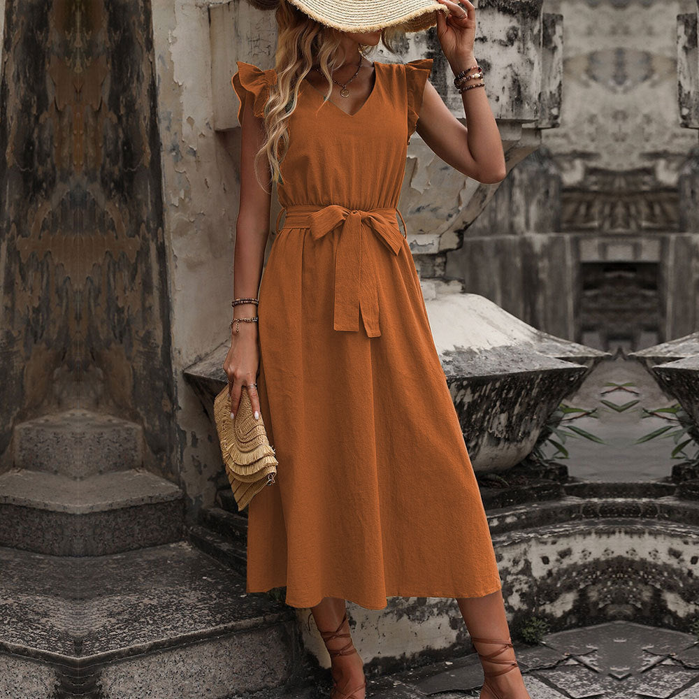 Damen Maxikleid V-Ausschnitt Taillengürtel Eveloria - Eveloria