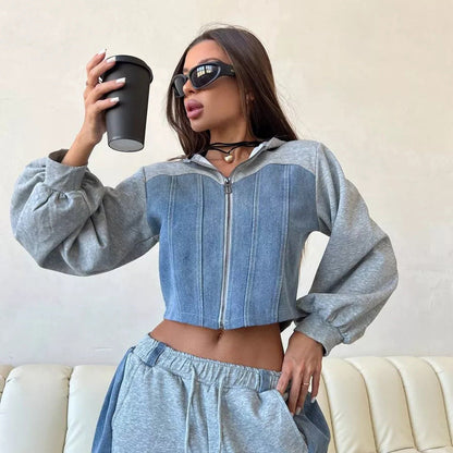 Damen Cropped Sweatjacke Jogginghose Set Ärmel Ballonform
