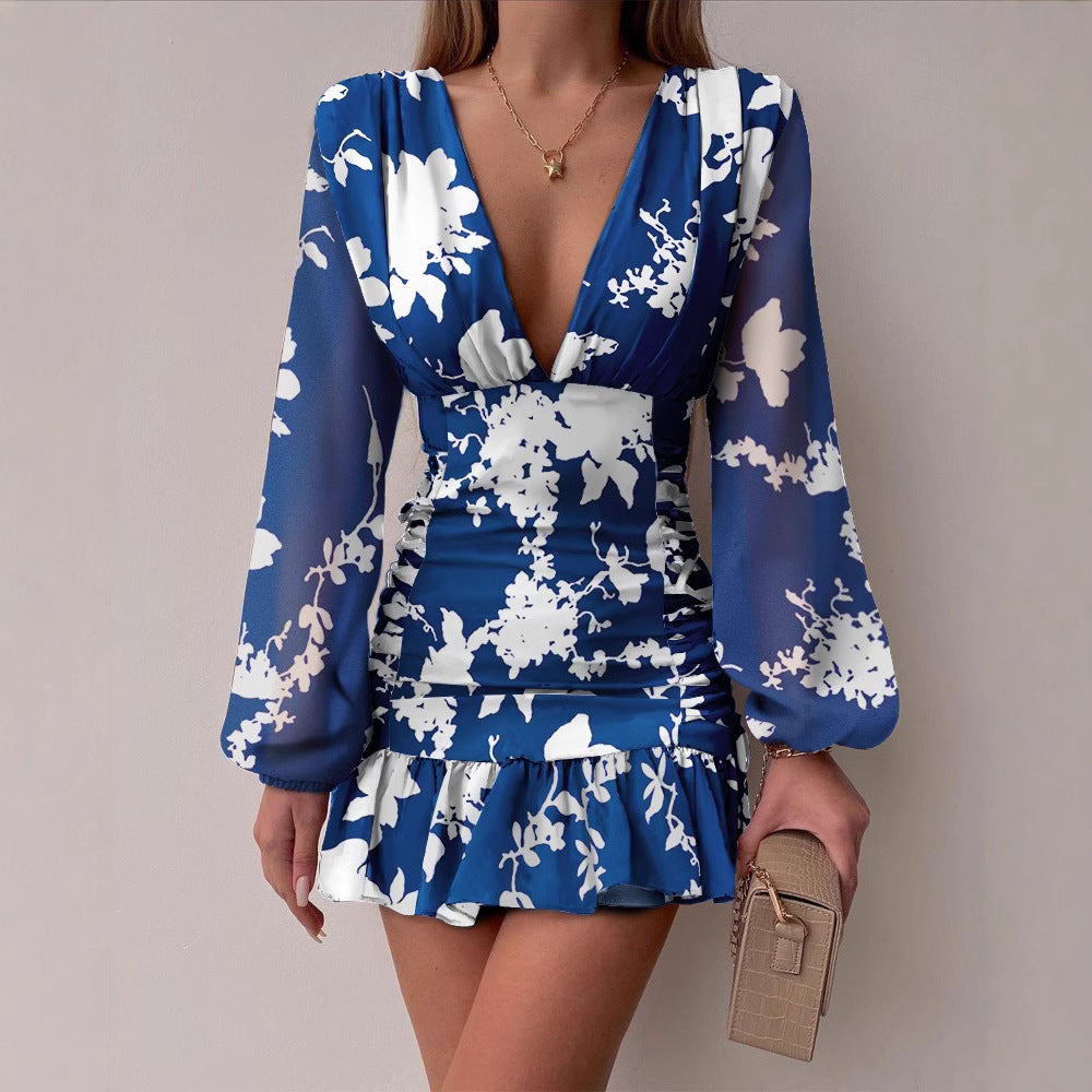 Damen Minikleid mit V-Ausschnitt und Puffärmeln schimmernd Eveloria