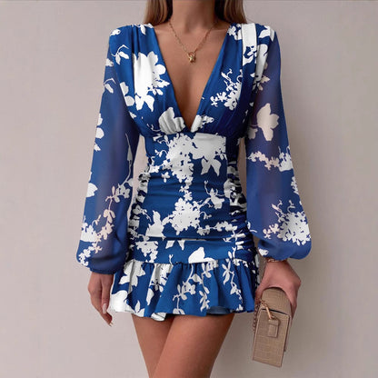 Damen Minikleid mit V-Ausschnitt und Puffärmeln schimmernd Eveloria