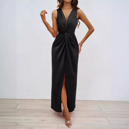 Damen Maxikleid Raffungsausschnitt Seitenschlitz Eveloria