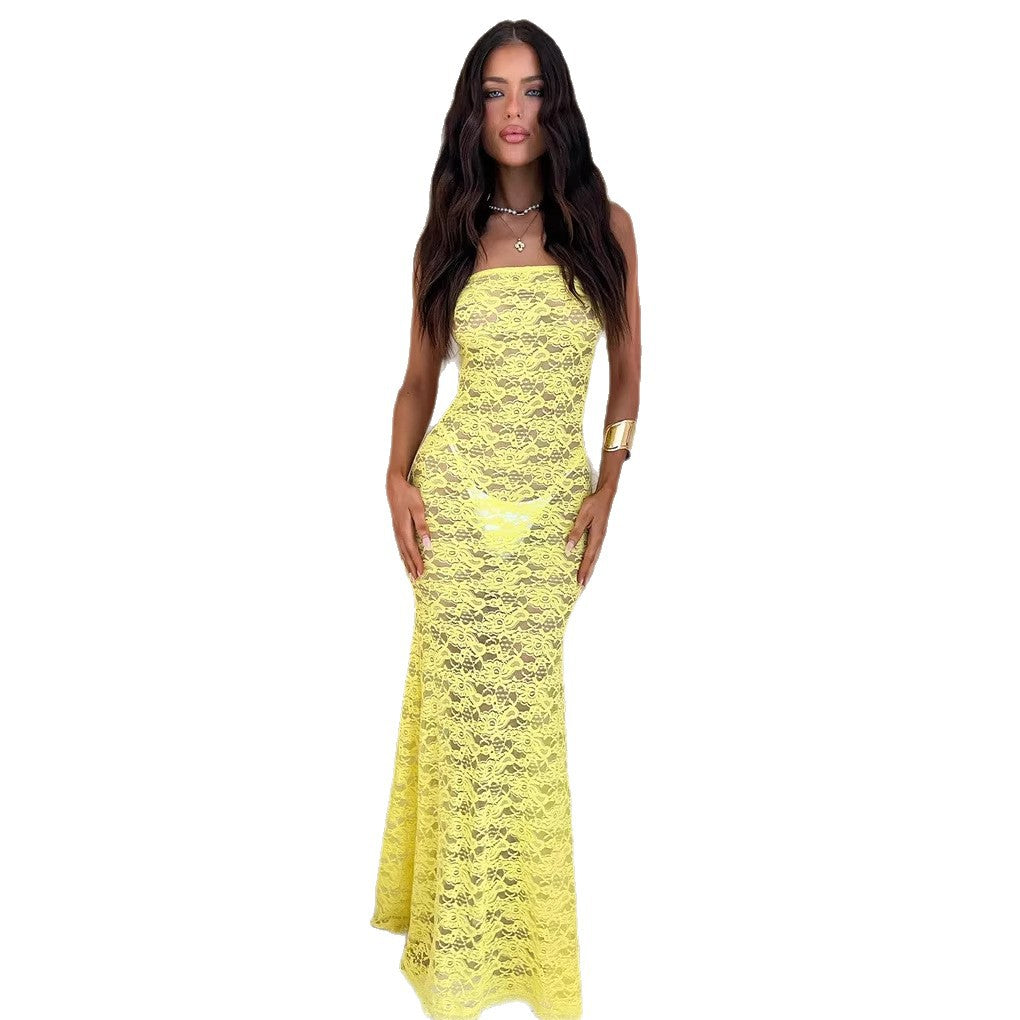 Damen Maxikleid Spitze Trägerlos Figurbetont Eveloria