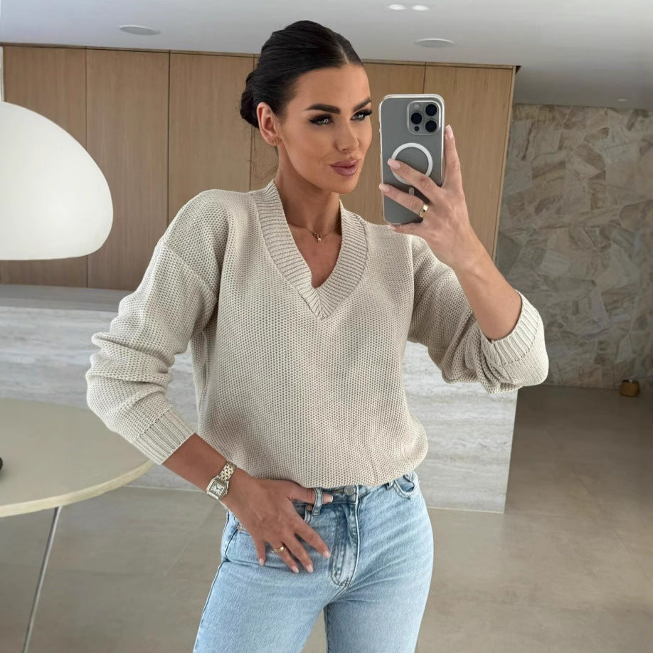 Damen Strickpullover V-Ausschnitt Strukturiert Anthrazit Eveloria