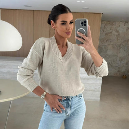 Damen Strickpullover V-Ausschnitt Strukturiert Anthrazit Eveloria