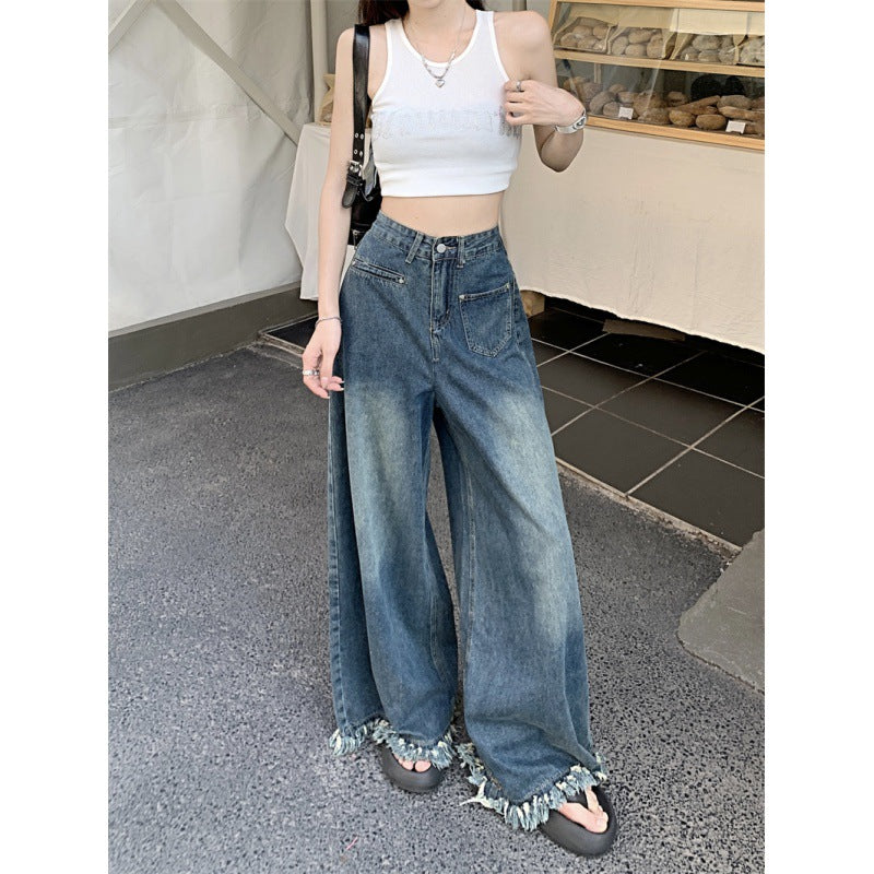 Damen Weite Jeanshose Fransiger Saum Eveloria