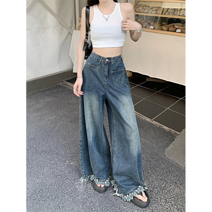 Damen Weite Jeanshose Fransiger Saum Eveloria