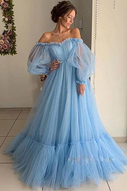 Damen Abendkleid Tüll Schulterfrei Voluminöse Ärmel Eveloria