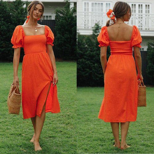 Damen Midikleid Puffärmel Schlitz Eveloria - Eveloria