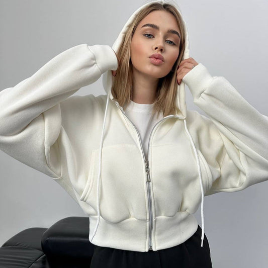 Damen Cropped Hoodie Oversized mit Reißverschluss Schwarz Eveloria - Eveloria
