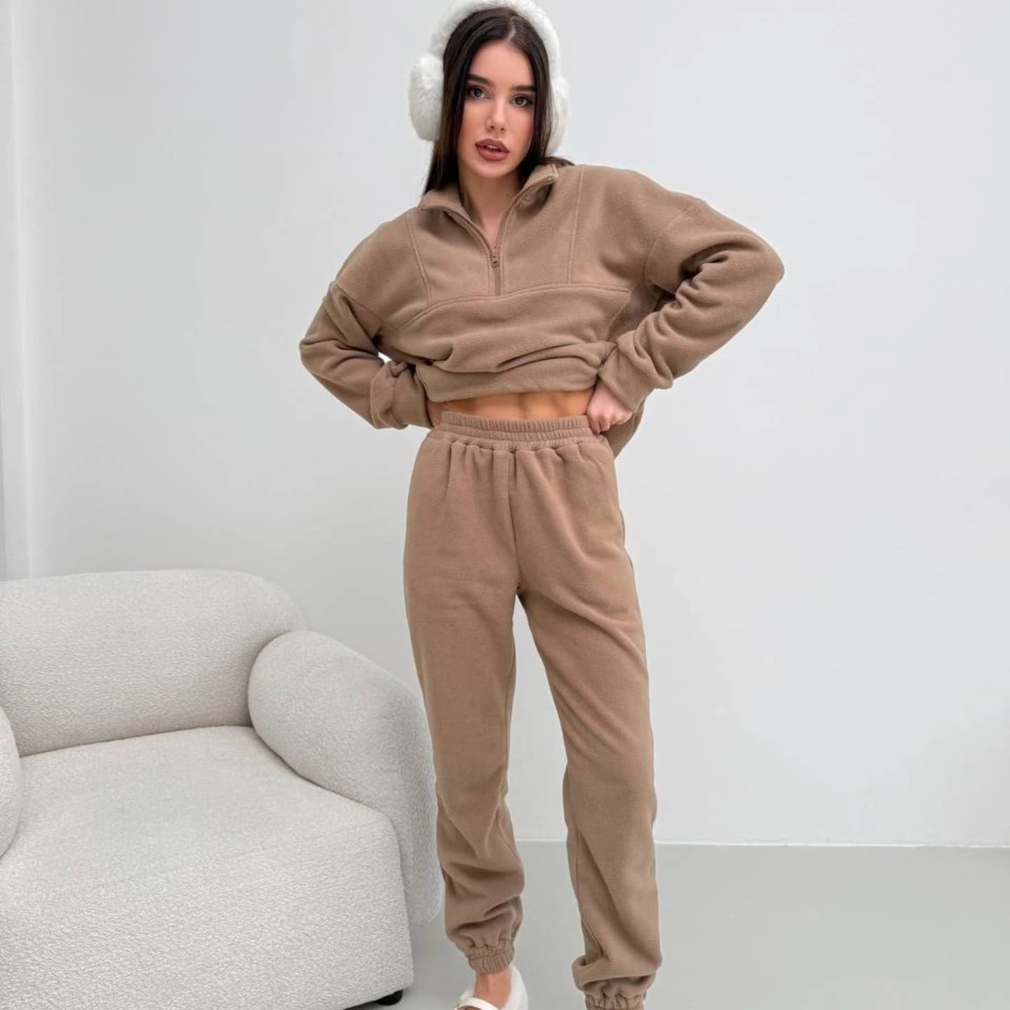 Damen Fleece-Loungewear-Set Halblang Reißverschluss Elastisch